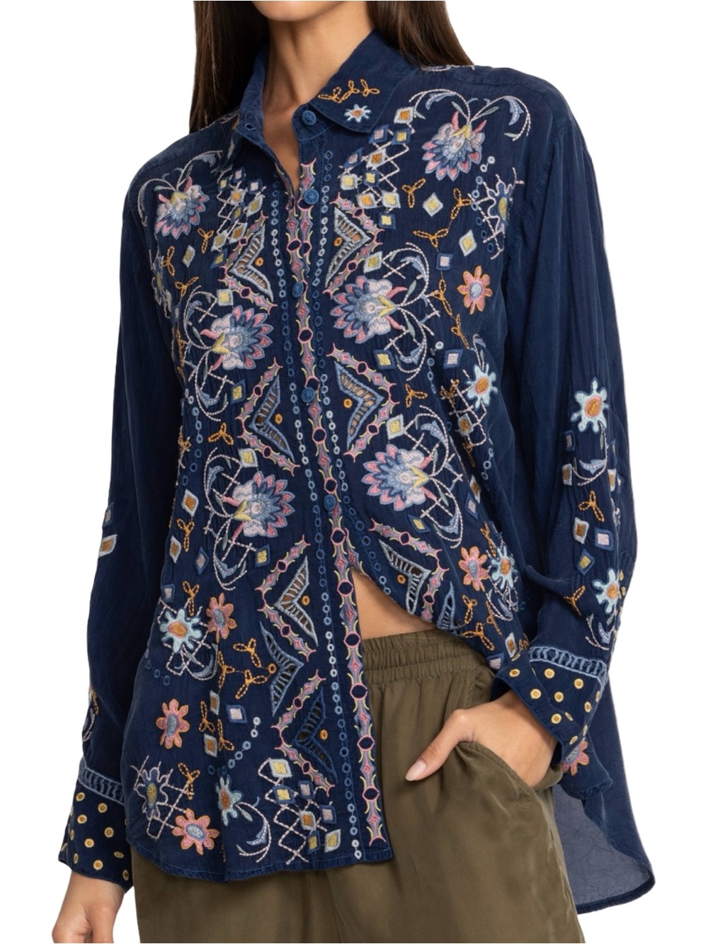 Johnny Was Women’s Sz S Navy Blue Embroidered Floral McKenzie Button Down Shirt